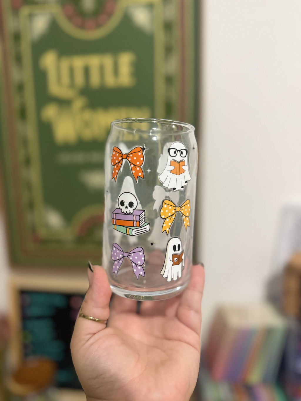 Glass Can Cup - Coquette Bows and Ghosts