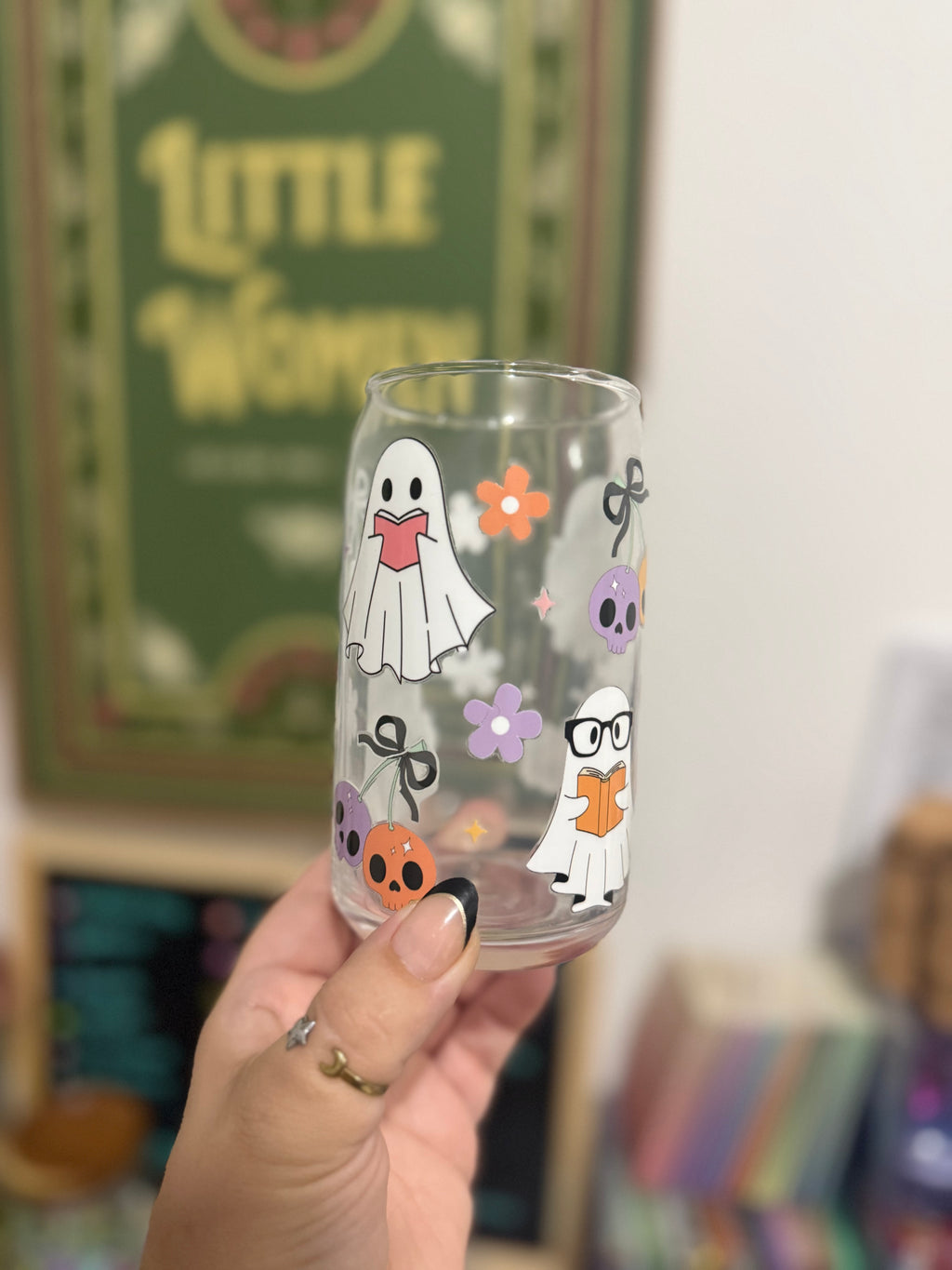 Glass Can Cup - Ghouls Skulls and Flowers