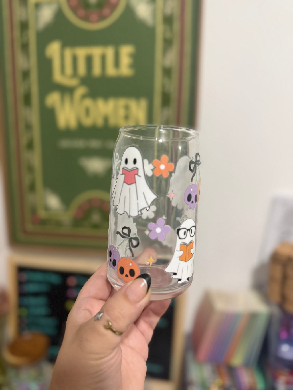 Glass Can Cup - Ghouls Skulls and Flowers