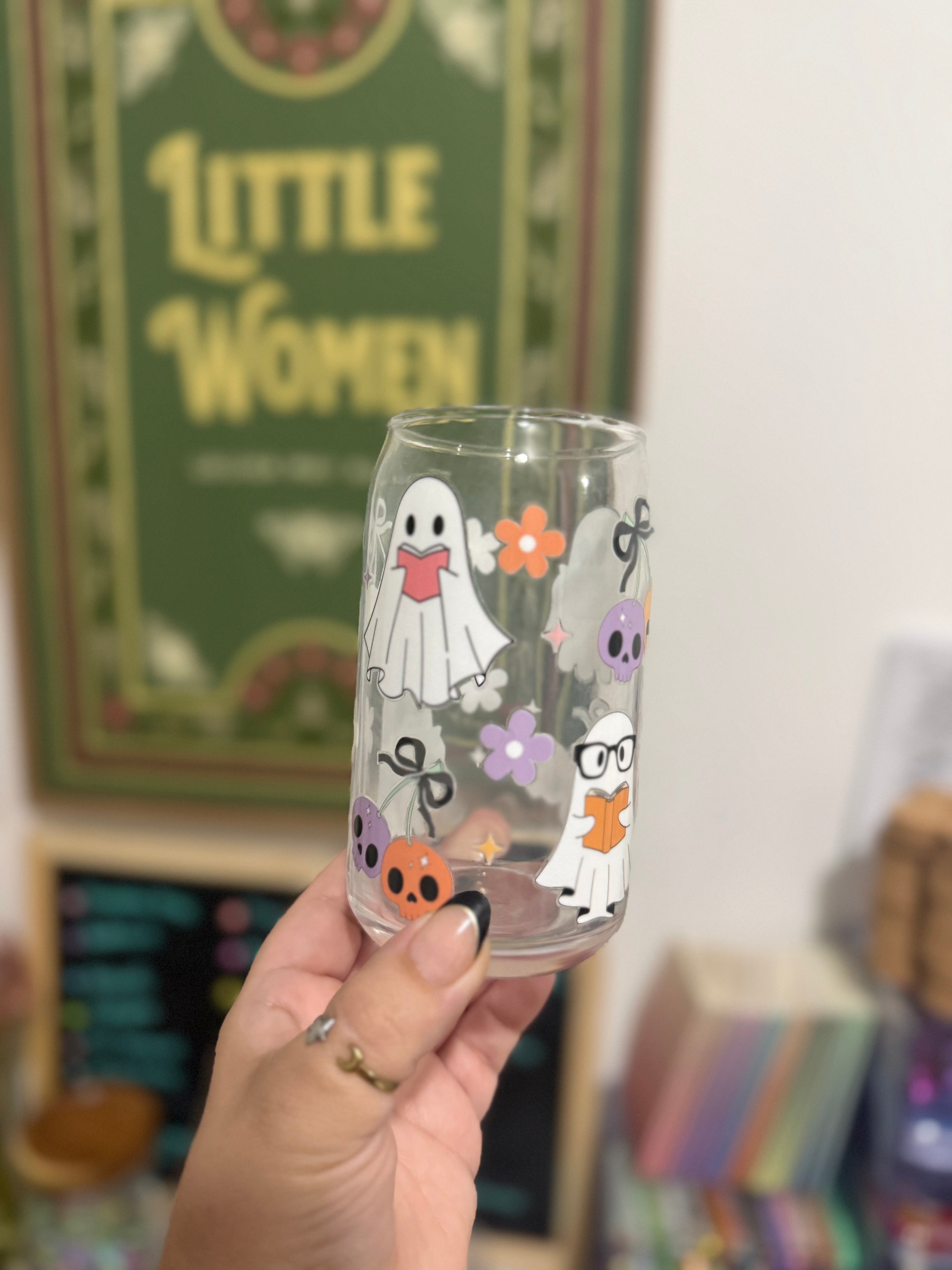 Glass Can Cup - Ghouls Skulls and Flowers