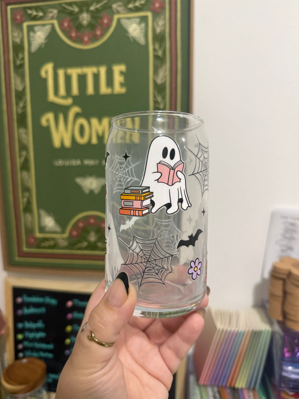 Glass Can Cup - Books and Webs