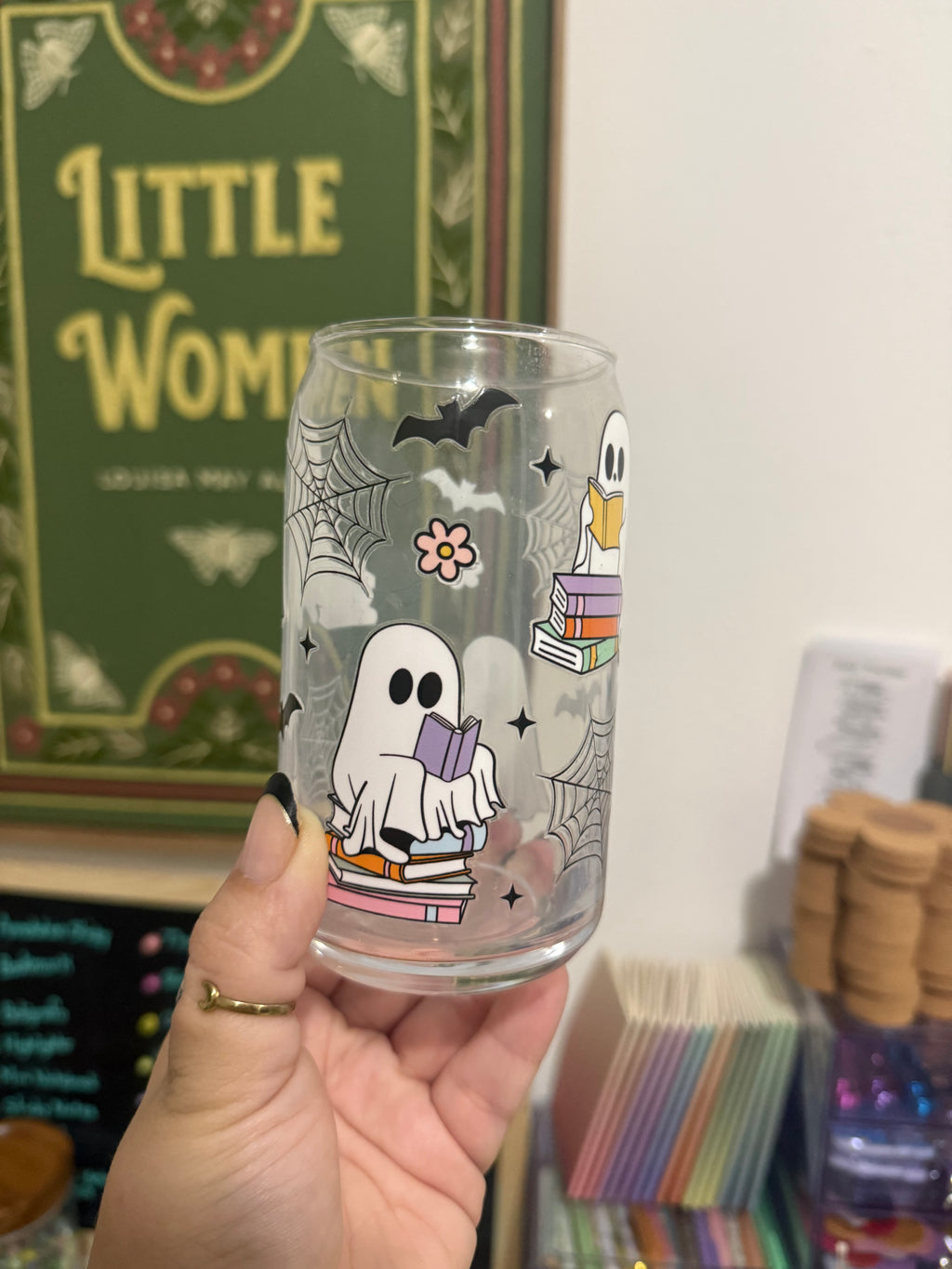 Glass Can Cup - Books and Webs