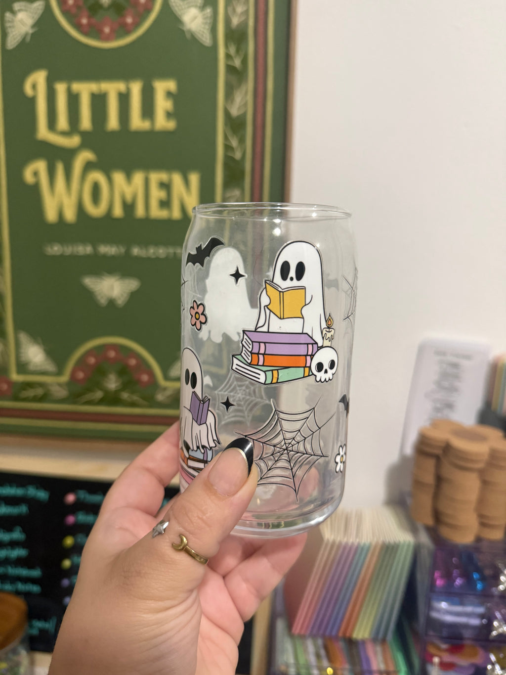 Glass Can Cup - Books and Webs